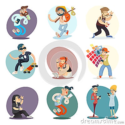 Cartoon Casual People Hipster Geek Goth Mobile Phone Coffie Characters Vector Illustration