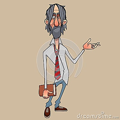 Cartoon casually dressed man in a shirt with a tie in disbelief points his hand to the side Vector Illustration