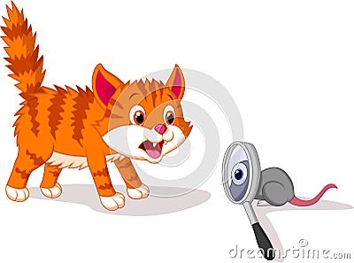 Cartoon Cat afraid of mouse with magnifying glass Vector Illustration