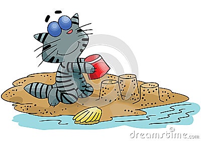 Cartoon cat building sand castles on the beach vector Vector Illustration