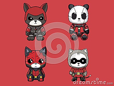 Cartoon Cat in Deadpool Suit Vector Illustration