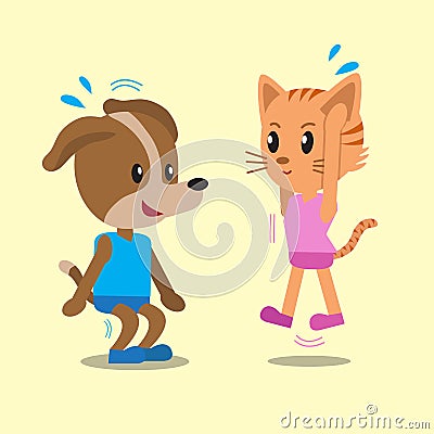 Cartoon cat and dog doing jump squats Vector Illustration