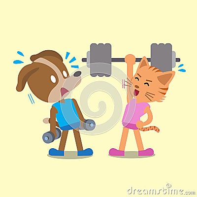 Cartoon cat and dog doing weight training Vector Illustration