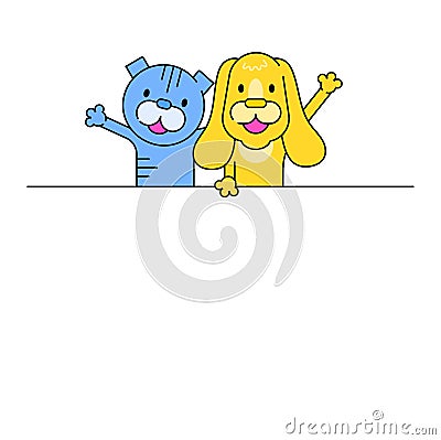 Cartoon cat and dog peeking over a line, happy pets waving. Cute animal friends greeting, cheerful characters vector Cartoon Illustration