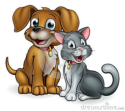 Cartoon Cat and Dog Pets Vector Illustration