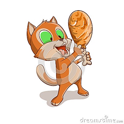 Cartoon cat eating a chicken leg Cartoon Illustration