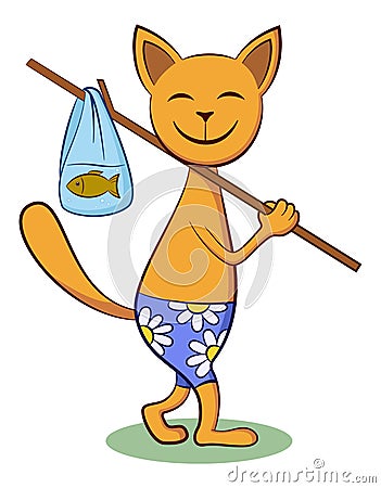 Cartoon Cat with Fish Vector Illustration