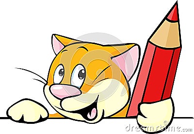 Cartoon cat peeking out holding red pencil Vector Illustration