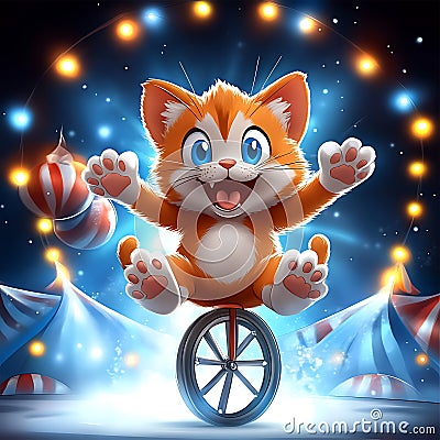 Cartoon Cat Riding a Unicycle in a Circus Tent Stock Photo
