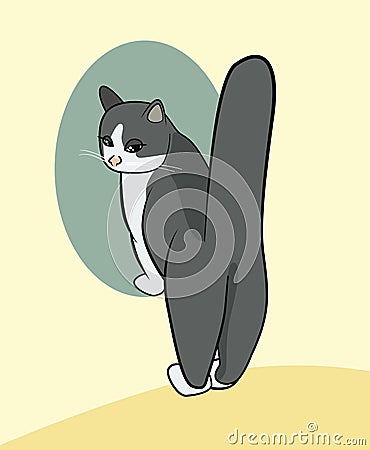Cartoon of a cat standing on front feet with highly raised tail Vector Illustration