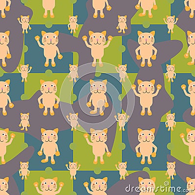 Cartoon cat symmetry fish seamless pattern Vector Illustration