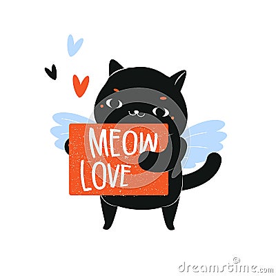 Cartoon cat and typography meow love. Cupid cat character for St Valentine`s day theme Vector Illustration