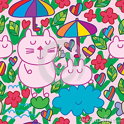 Cartoon cat umbrella cloud seamless pattern Vector Illustration