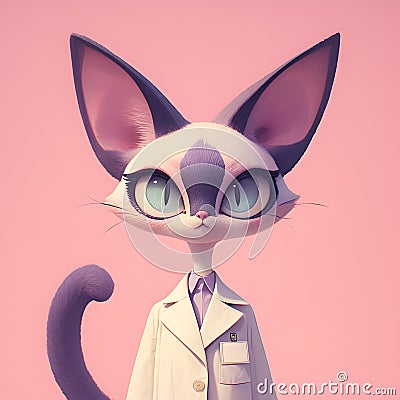 a cartoon cat wearing a white coat and purple tail Stock Photo