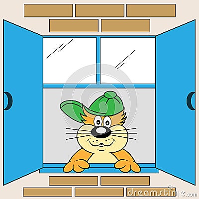 Cartoon Cat at Window Vector Illustration