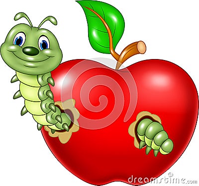 Cartoon caterpillars eat the red apple Vector Illustration