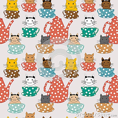 Cartoon cats in cups seamless pattern Vector Illustration