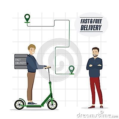 Cartoon caucasian delivery man riding on electric scooter. Handsome courier male character and casual man client waiting order Vector Illustration