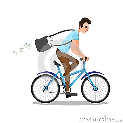 Cartoon Caucasian Man in Postman Role Riding Bike Vector Illustration