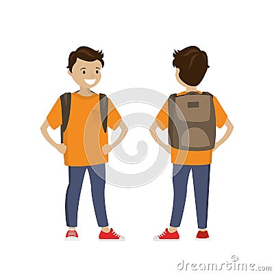 Cartoon caucasian schoolboy with school bag,cute male kid character Vector Illustration