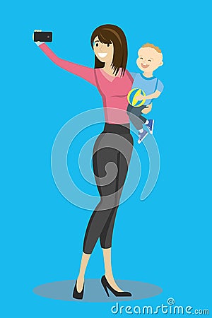 Cartoon caucasian female with son makes selfie,family portrait c Vector Illustration