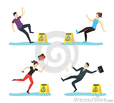 Cartoon Caution Wet Floor with People Characters Set. Vector Vector Illustration