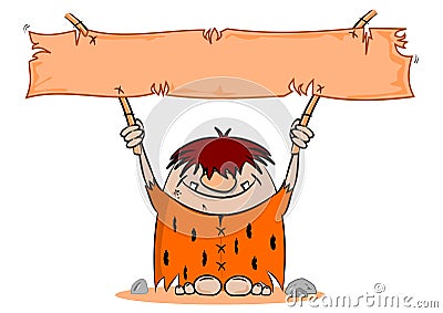 Cartoon caveman with blank banner Vector Illustration