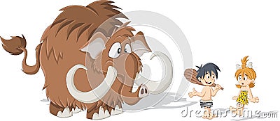 Cartoon caveman and cave woman with a Mammoth Vector Illustration