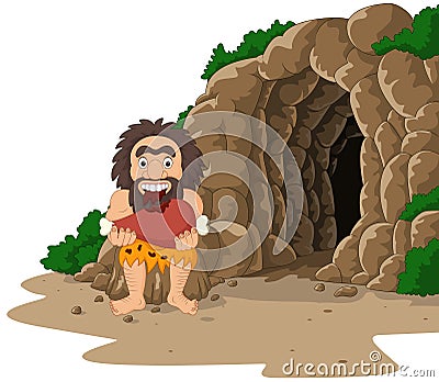 Cartoon caveman eating meat with cave background Vector Illustration