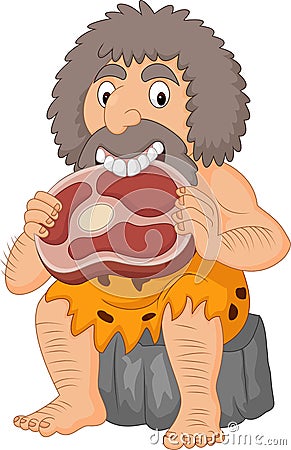 Cartoon caveman eating meat Vector Illustration