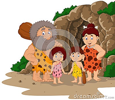 Cartoon caveman family with cave background Vector Illustration