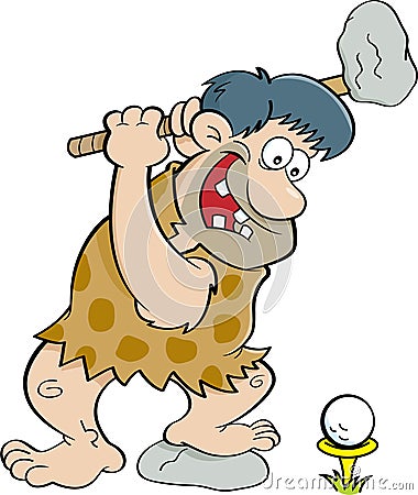 Cartoon caveman playing golf. Vector Illustration