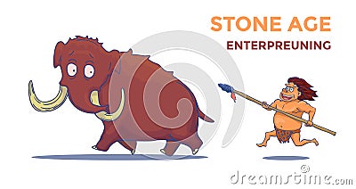 Cartoon Caveman with Spear hunting Mammoth. Vector Vector Illustration