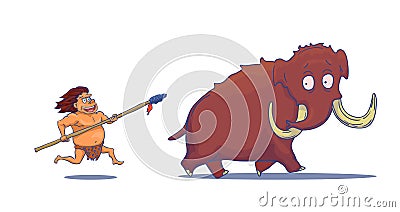 Cartoon Caveman with Spear hunting Mammoth. Vector Vector Illustration