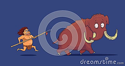Cartoon Caveman with Spear hunting Mammoth. Vector Vector Illustration