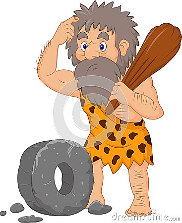 Cartoon caveman with stone wheel Vector Illustration