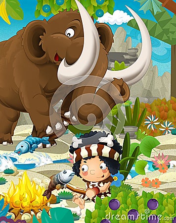 Cartoon cavemen - stone age family - mammoth Cartoon Illustration