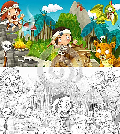 Cartoon cavemen village scene with volcano and dinosaur diplodocus and mammoth in the background Cartoon Illustration