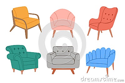 Cartoon chairs. Colorful comfortable armchairs, stylish modern furniture for home interior and lounge halls Vector Illustration