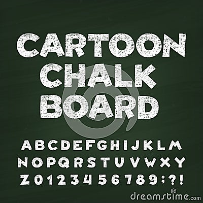 Cartoon chalk board alphabet font. Hand drawn letters, numbers and symbols. Vector Illustration