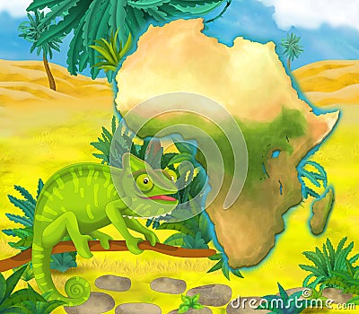 Cartoon chameleon with continent map Cartoon Illustration