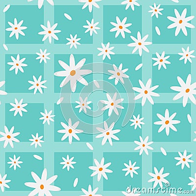 Cartoon chamomiles and petals. Floral elements scattered on a checkered background. Seamless pattern. Vector Illustration