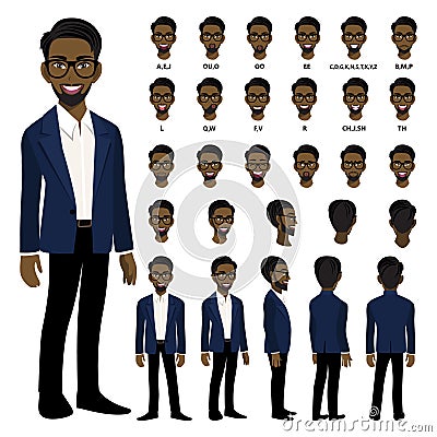 Cartoon character with African American business man in smart suit for animation. Front, side, back, 3-4 view character. Separate Vector Illustration