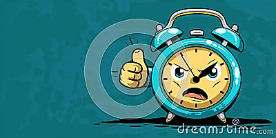 Cartoon character angry alarm clock pointing hands on a green background with copy space. Deadline Stock Photo