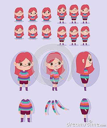 Cartoon character animation girl dressed in stripes and some body parts Vector Illustration