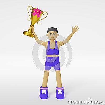 Cartoon character athlete man holds gold champion cup isolated on white background ,3d render Stock Photo