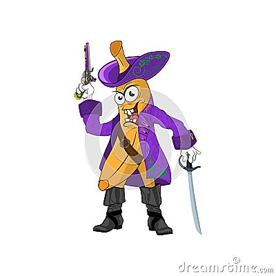 Cartoon character Banana pirate, with saber and musket angrily grins Vector Illustration