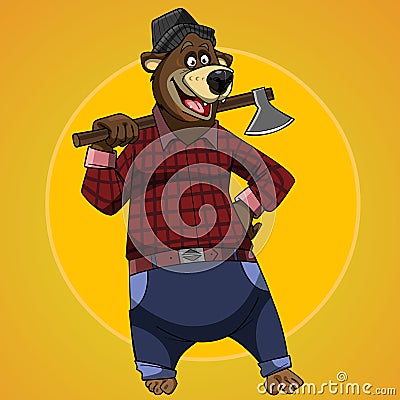 Cartoon character bear dressed in the clothes of a lumberjack with an axe Vector Illustration