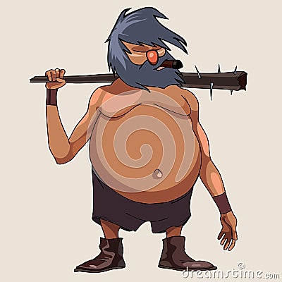 Cartoon character big-bellied man with a cudgel Vector Illustration