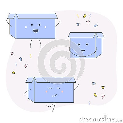 Cartoon character box character happy. Open gift box. Funny cartoon character. Flat vector. Flat design Vector Illustration